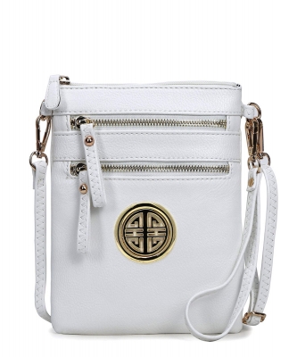 Women's Rich Faux Leather Organizer Multi Zipper Pockets Crossbody Bag WU002L WHITE